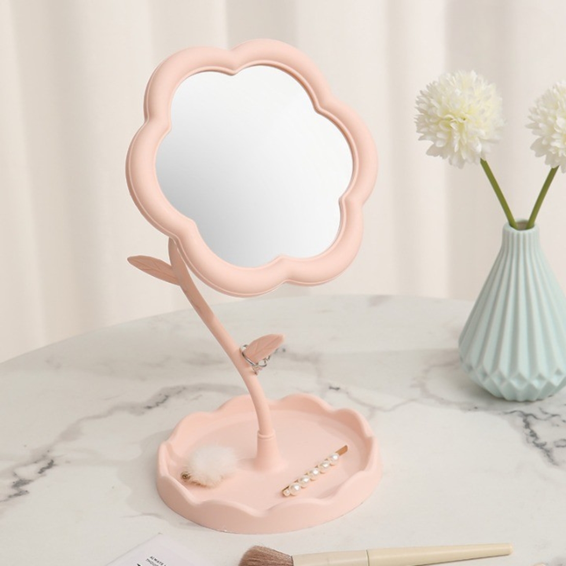 Oglindă de Machiaj pentru Birou, Flippy, Rotativă, Detasabilă, Model de Floarea Soarelui, Suport pentru Inele, cu Depozitare, Roz