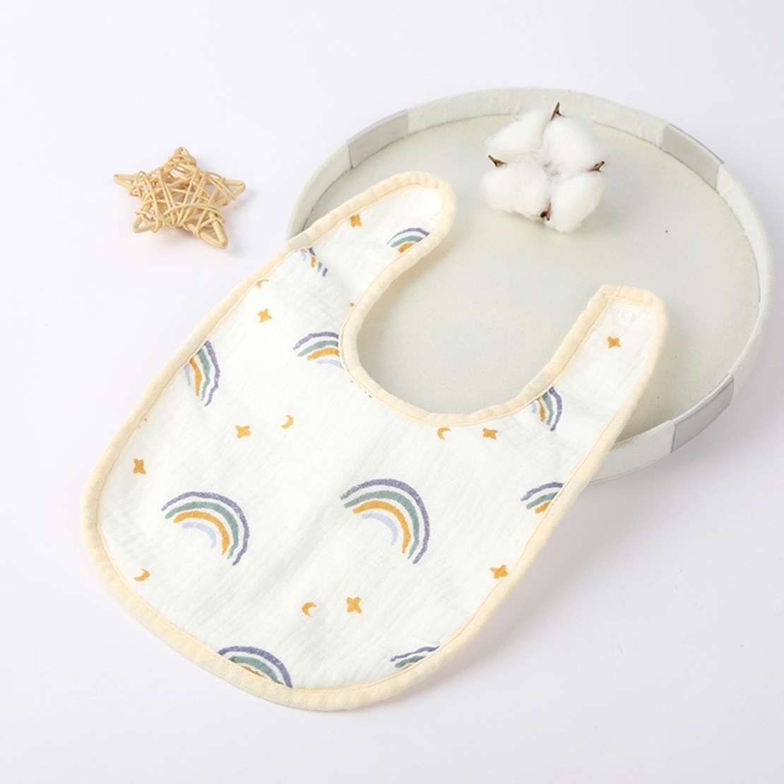 Baveta in Forma de U, Flippy, din Bumbac, pentru Copii 0-12 Luni, Rezistenta la Apa, cu Capse, Model Curcubeu, 21x30 cm, Bej