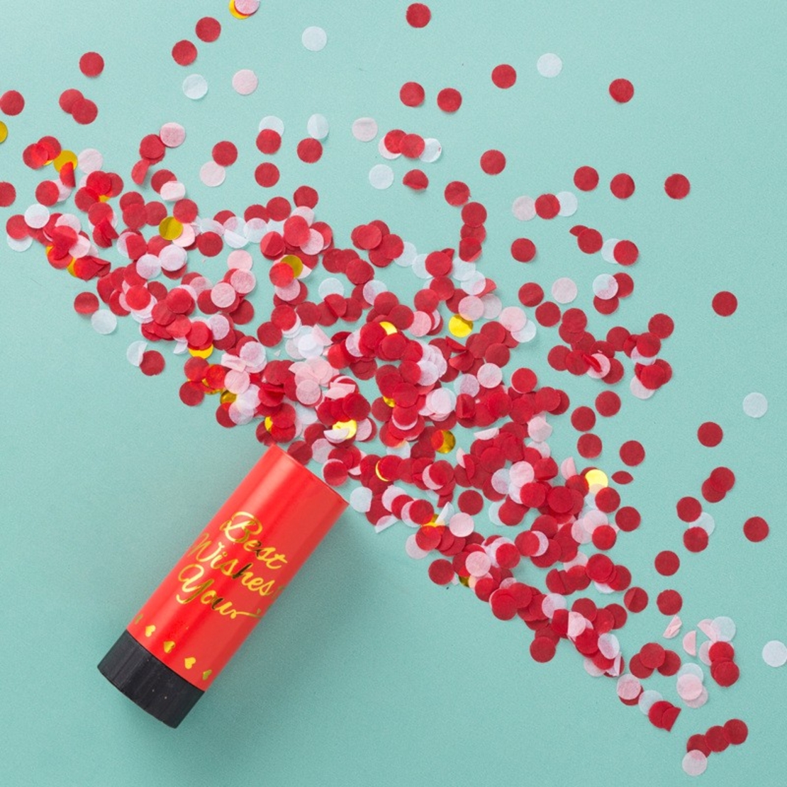 Tun de Confetti, Flippy, Best Wishes 11 x 4 cm, Model Buline din Hartie si Folie, Rosu