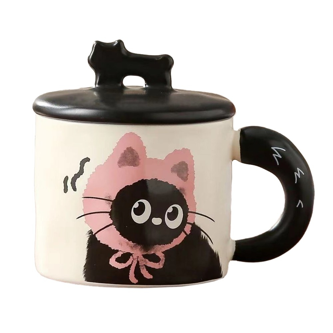 Cana din Ceramica, Flippy, Model in Cutie pentru Cadou, Cana pentru Ceai, Cafea, Cana Retro Design Capac cu Figurina 3D, 9.5 x 8 x 8 cm, 360 ml, Bej, Print Pisica Roz Negru