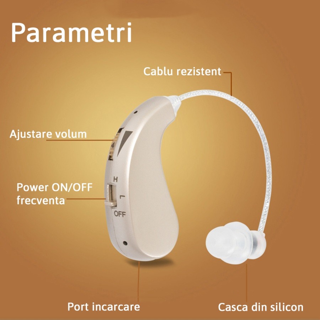 Aparat auditiv retroauricular BTE Reincarcabil, Flippy, Set 2 bucati Stinga Dreapta, Standard European, Aparat auditiv Cu incarcator, Aparat pentru Auz, 12 x 8.5 x 4 cm, 89 g,  Auriu
