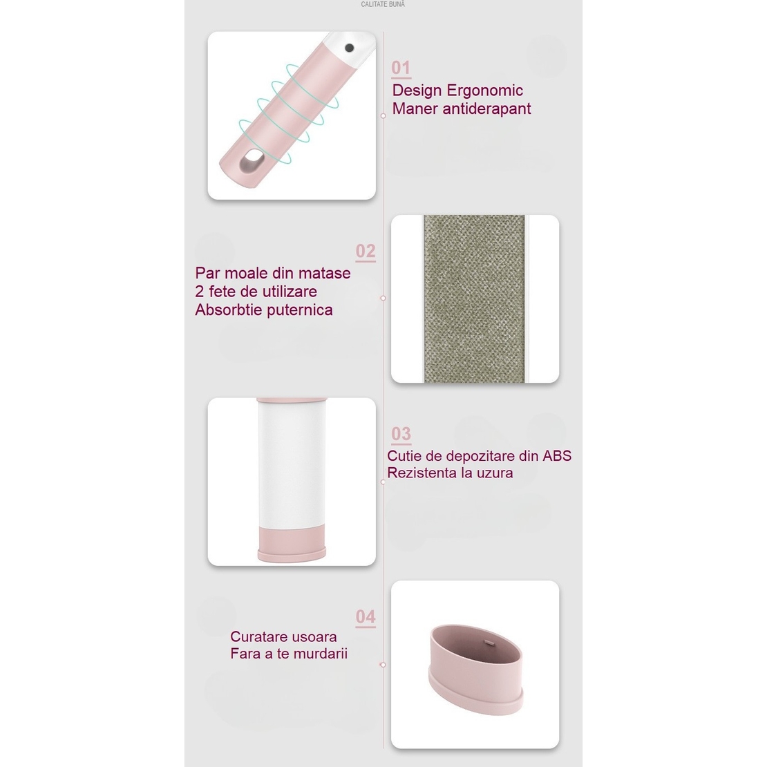 Perie Electrostatica, Flippy, Pentru Curatarea Parului/Scamelor de pe Haine si Tapiterii, 2 Fete, Autocuratare, 31 x 8.5 cm, Roz