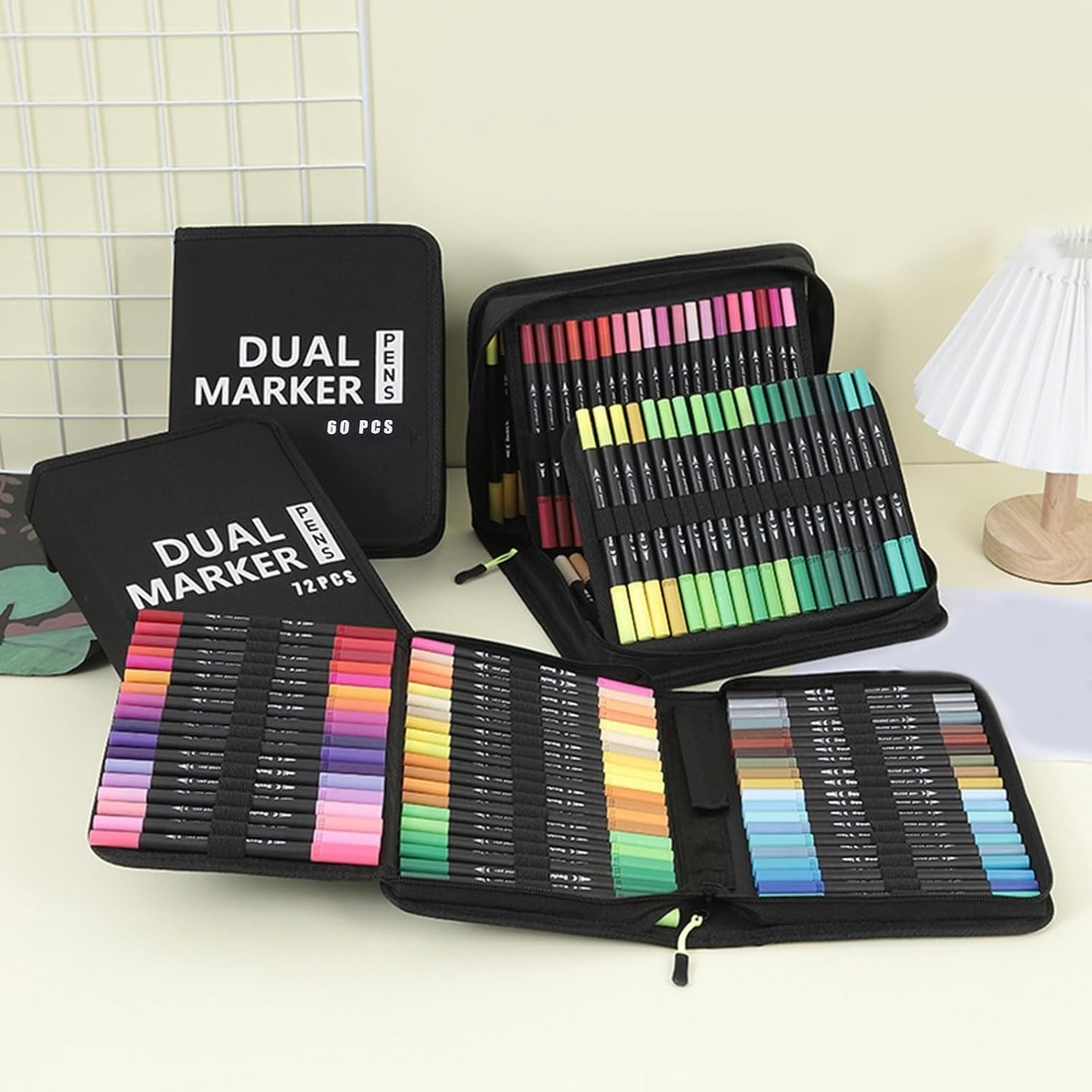 Set Carioci pe Baza de Apa, Flippy, 2 in 1, pentru Pictura, Caligrafie, 72 Culori, Penar Negru, Corp Carioca Negru, 24.5 x 18.5 x 5 cm, Multicolor