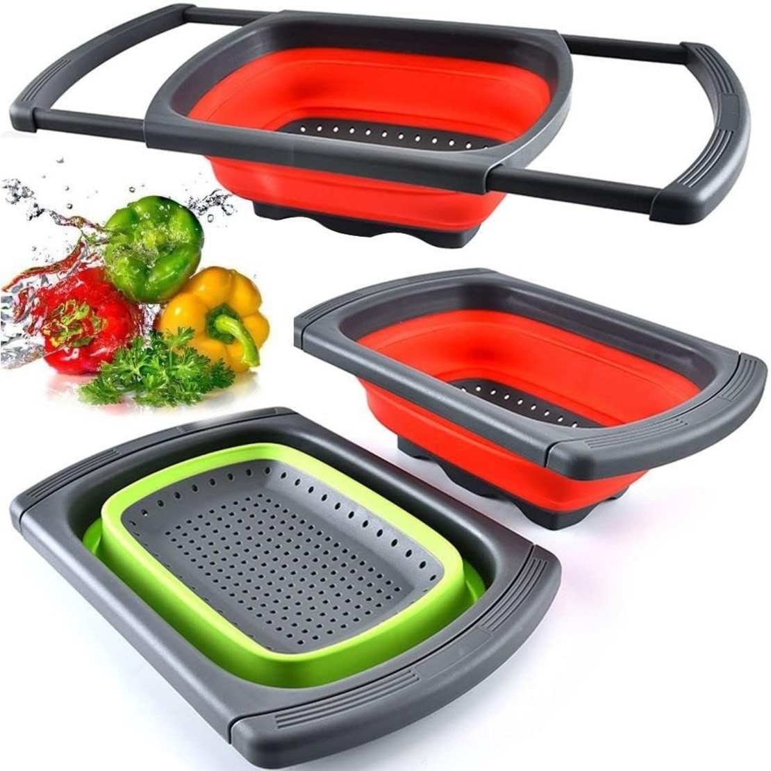 Cos de Scurgere Retractabil pentru Chiuveta, Flippy, cu Filtru, pentru Fructe si Legume, de Uz Casnic, 39x12 cm, Design Extensibil pana la 61 cm, cu Manere de Prindere, Rosu