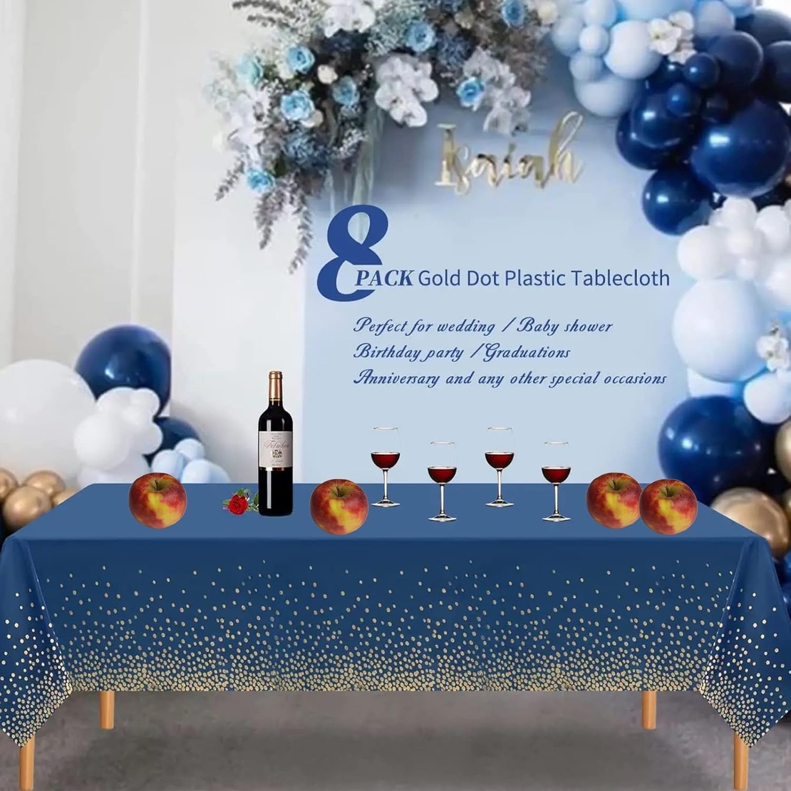 Fata de Masa, Flippy, din PEVA, Imprimeu Buline Aurii, 137 x 274 cm, Impermeabila, Fara Pete, Curatare Rapida, Albastru Inchis