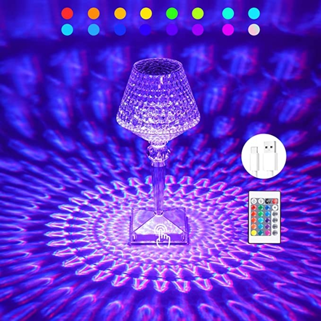 Lampa de birou pe LED RGB 16, Flippy, dimmer tactil, 3 nivele de intensitate, incarcare USB, 3W, Cristal Acrilic, cu telecomanda, forma pahar, transparent