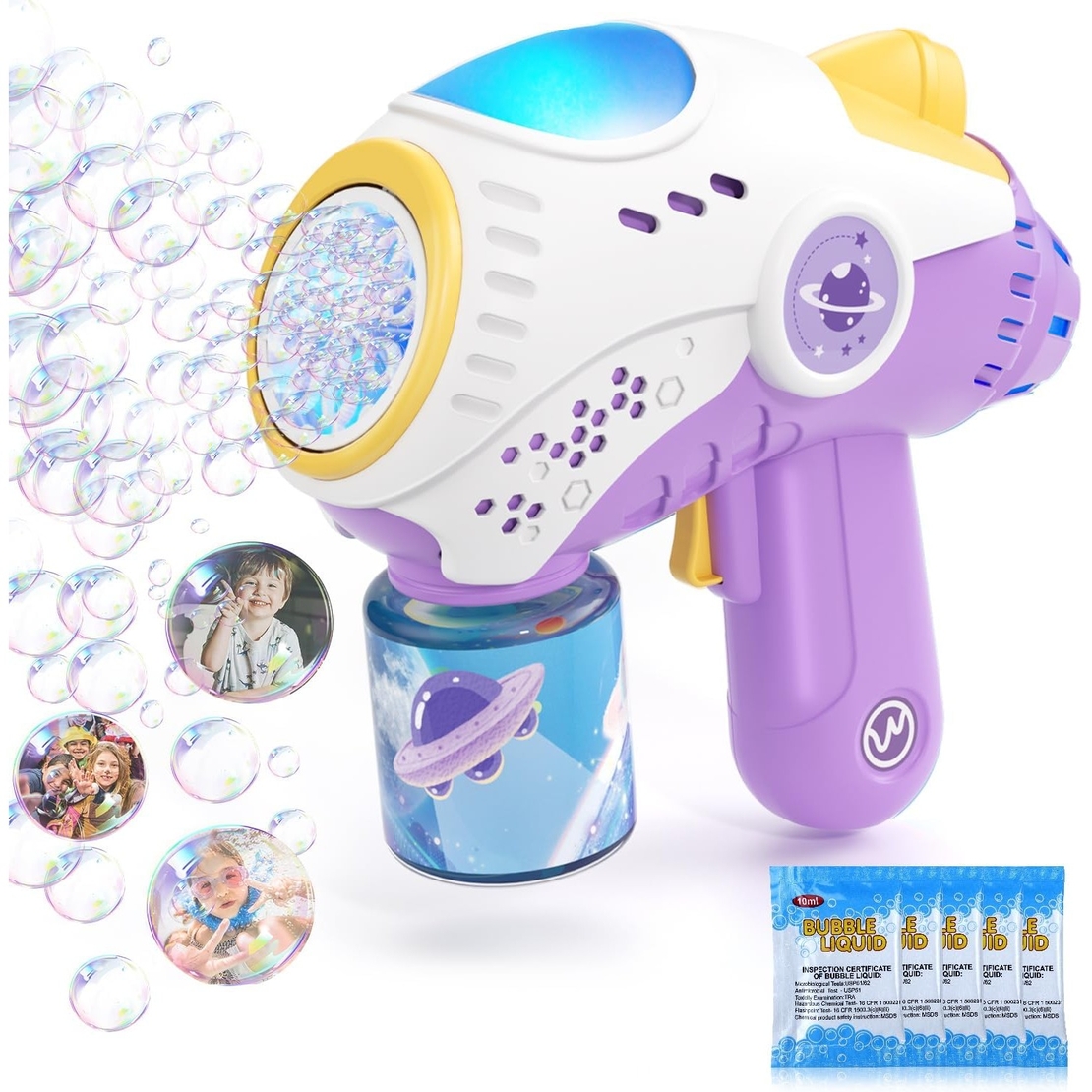 Jucarie Interactiva pentru Baloane de Sapun, Flippy, Sunete si Lumini, Model Pistol, cu 8 Orificii, 19 x 8.8 x 16.3 cm, Mov