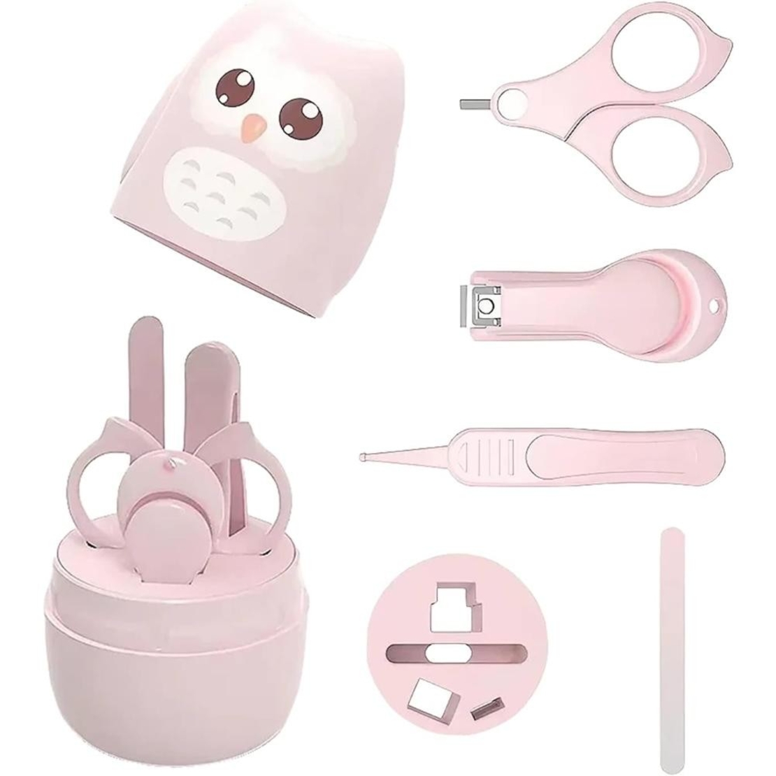 Set 4 Piese Ingrijire Unghii Bebelusi, Flippy, din ABS+Otel Inoxidabil, Cutie de Depozitare Tip Bufnita, de la 0 Luni, 11.5 x 5 x 11.5 cm, Roz