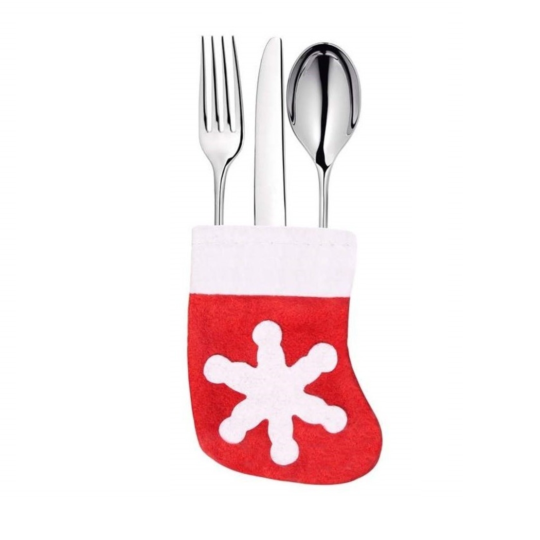 Husa decorativa festiva pentru 3 tacamuri Flippy, model soseata cu fulg, material textil si poliester, 14 x 8 cm, rosu