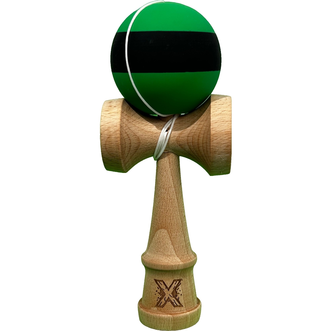 Kendama X Originala, Flippy, 18 cm, Profesionala, +9 Ani, din Lemn, Model cu Dunga, Negru/Verde