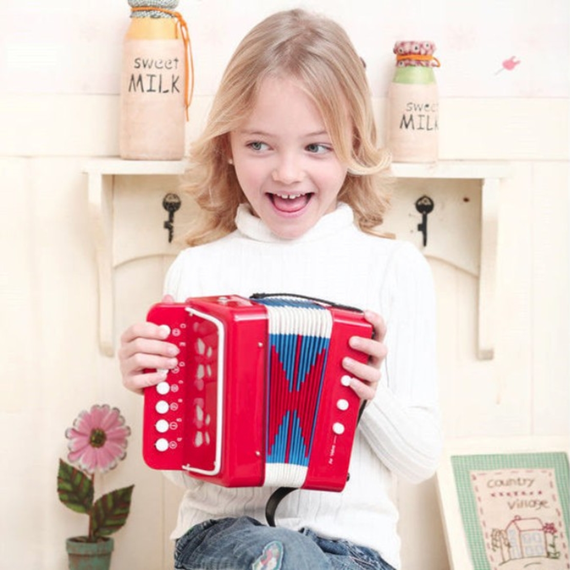 Acordeon Pentru Copii, Flippy, Acordeon Jucarie pentru Educatie Timpurie, 7 butoane 2 bass, Acordeon Instrument Muzical pentru Copii, 18 x 17 x 10 cm, Rosu