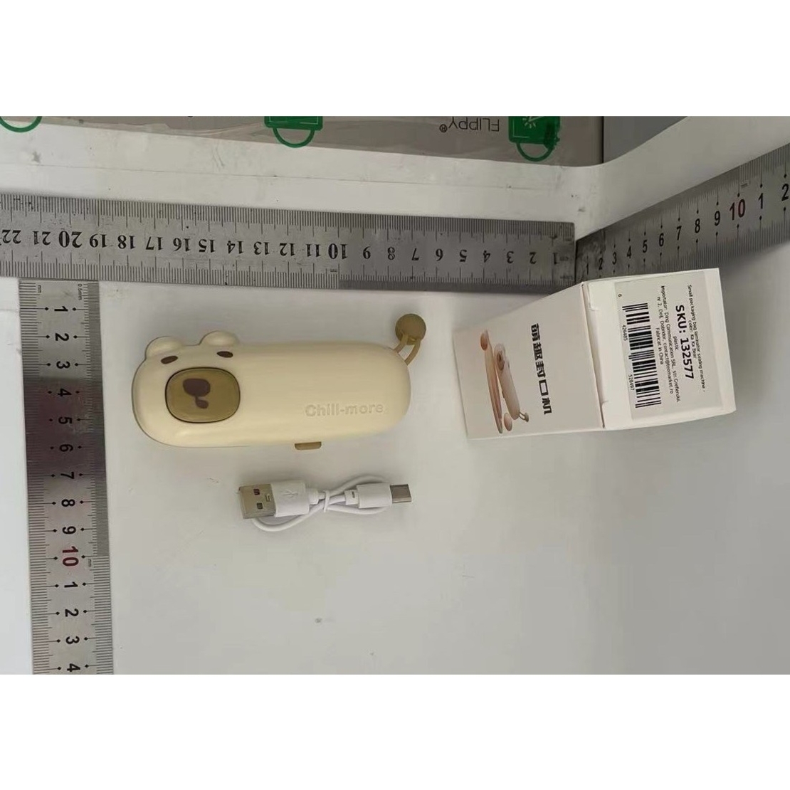 Aparat de Sigilat Ambalaje, Flippy, Incarcare USB Tip C, 400 mAh, 10.2 x 3.7 x 4.3 cm, Model Ursulet, Maro