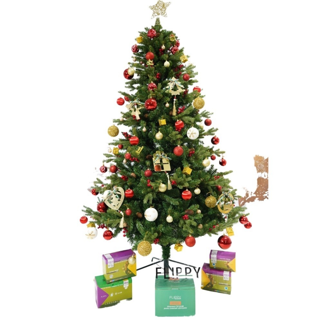 Set brad artificial de Craciun si elemente decorative, decorat cu conuri pin rosii, inaltime 210 cm, diametru 137 cm, 1172 ramuri, Flippy, verde, suport metalic inclus