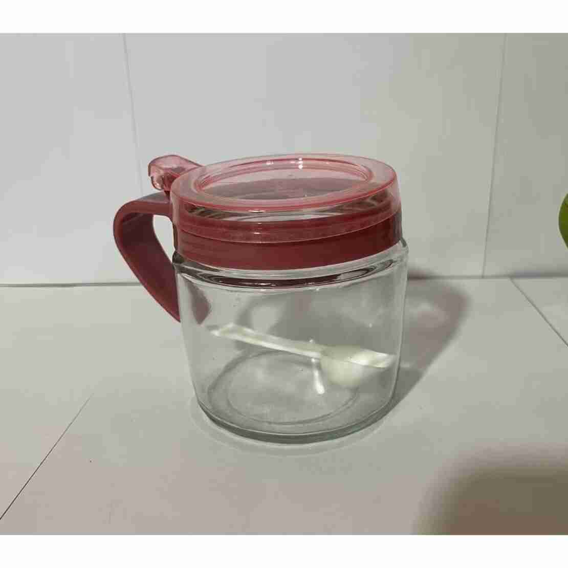 Recipient Condimente, Flippy, din Stilca, 180 ml, cu Maner si Lingurita, 8 x 9 cm, Capac Transparent, Roz