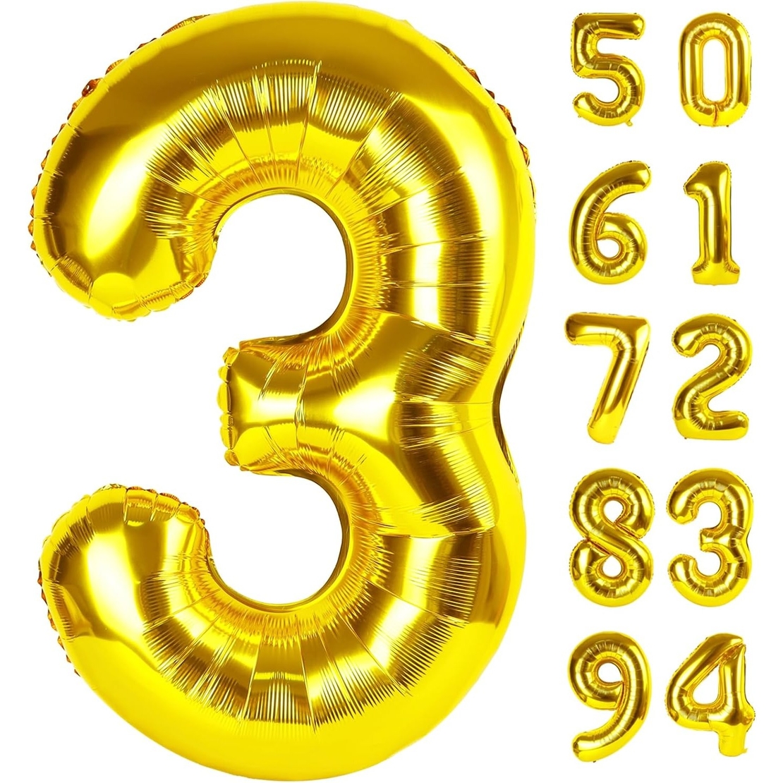 Balon din Folie Metalizata Flippy, Figurina Cifra, Tema Aniversare 80 cm, Ambalaj Individual, Pai inclus, Umflare cu Aer sau Heliu, Auriu, Cifra 3