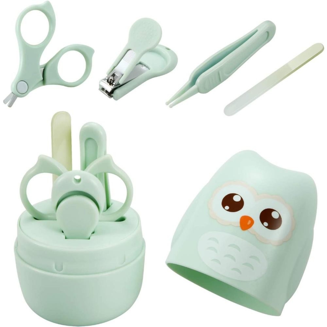 Set 4 Piese Ingrijire Unghii Bebelusi, Flippy, din ABS+Otel Inoxidabil, Cutie de Depozitare Tip Bufnita, de la 0 Luni, 11.5 x 5 x 11.5 cm, Verde