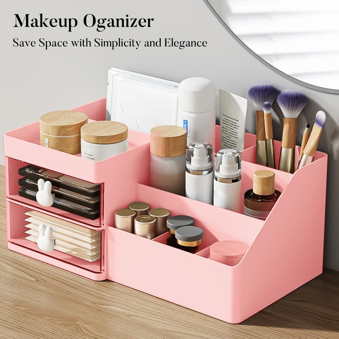 Cutie de Depozitare pentru Birou, Flippy, Pentru Makeup, Papetarie, Organizator Cosmetice, 2 Sertare si Compartimente Multiple, Model Iepuras, Plastic, 27.5x15.5x12 cm, Roz