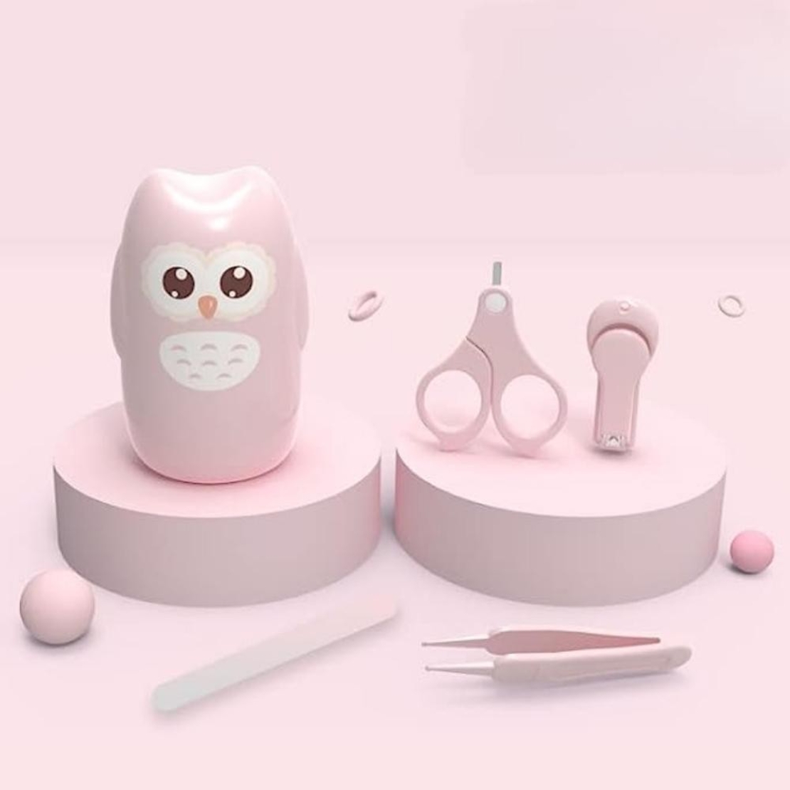 Set 4 Piese Ingrijire Unghii Bebelusi, Flippy, din ABS+Otel Inoxidabil, Cutie de Depozitare Tip Bufnita, de la 0 Luni, 11.5 x 5 x 11.5 cm, Roz