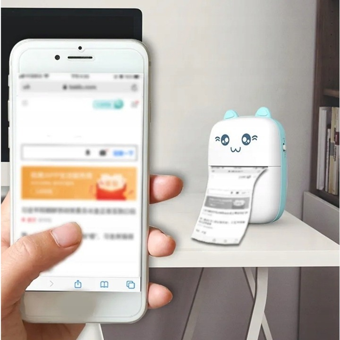 Mini Imprimanta Foto Portabila, Flippy, Incarcare USB, Bluetooth, Model Ursulet, 12 x 9 x 5 cm, Alb Albastru