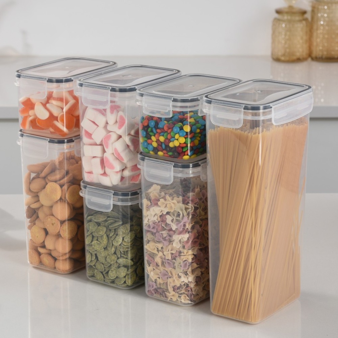 Cutii de depozitare alimente, Flippy, Set din 7 Cutii pentru Condimente, Cereale, Cutii pentru Bucatarie, din Plastic PP, Cutii Alimentare, Diferite Dimensiuni, Transparente