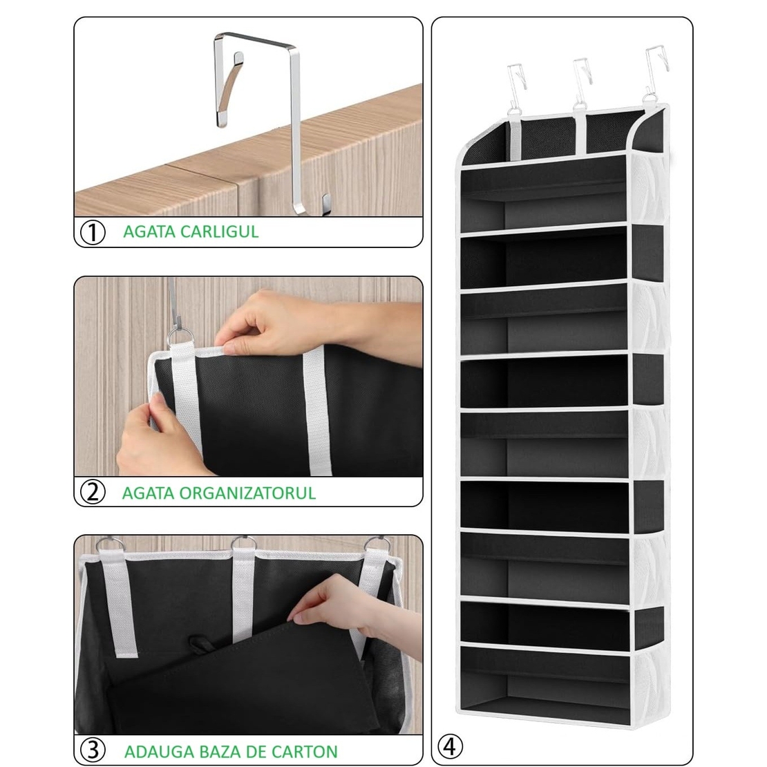 Organizator Suspendat pentru Usi, Flippy, din Nailon si Plasa, Baza de Carton Ingrosat, 5 Buzunare Principale + 10 Buzunare Laterale, 140 x 39 x 17 cm, 3 Carlige Incluse, Negru
