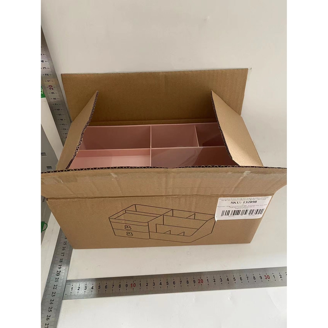 Cutie de Depozitare pentru Birou, Flippy, Pentru Makeup, Papetarie, Organizator Cosmetice, 2 Sertare si Compartimente Multiple, Model Iepuras, Plastic, 27.5x15.5x12 cm, Roz