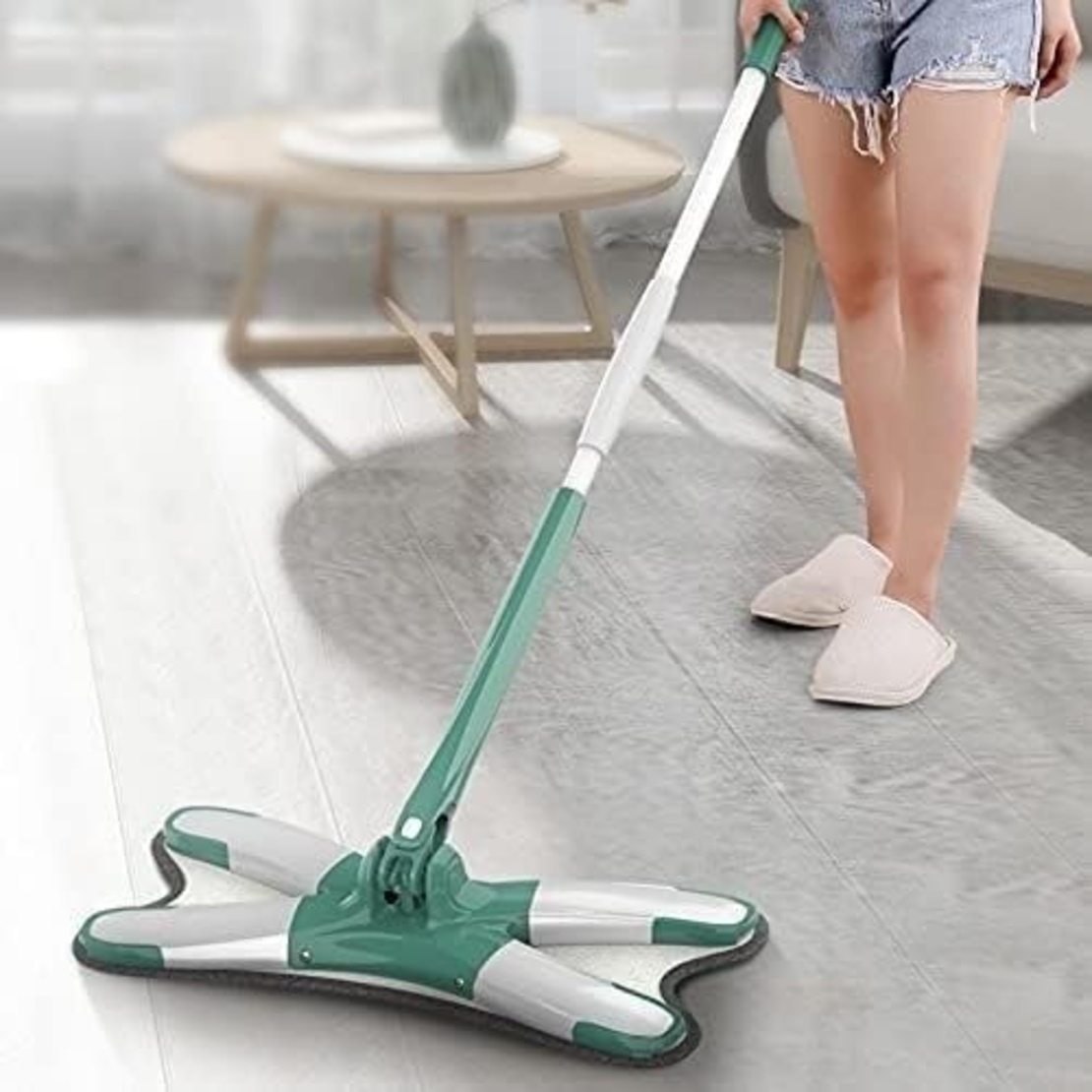 Mop Plat cu Laveta din Microfibra, Flippy, Pentru Uz Casnic, Sistem de Stoarcere X, Tija Telescopica 140 cm, Rotire 360°,38 x 140 cm, Verde