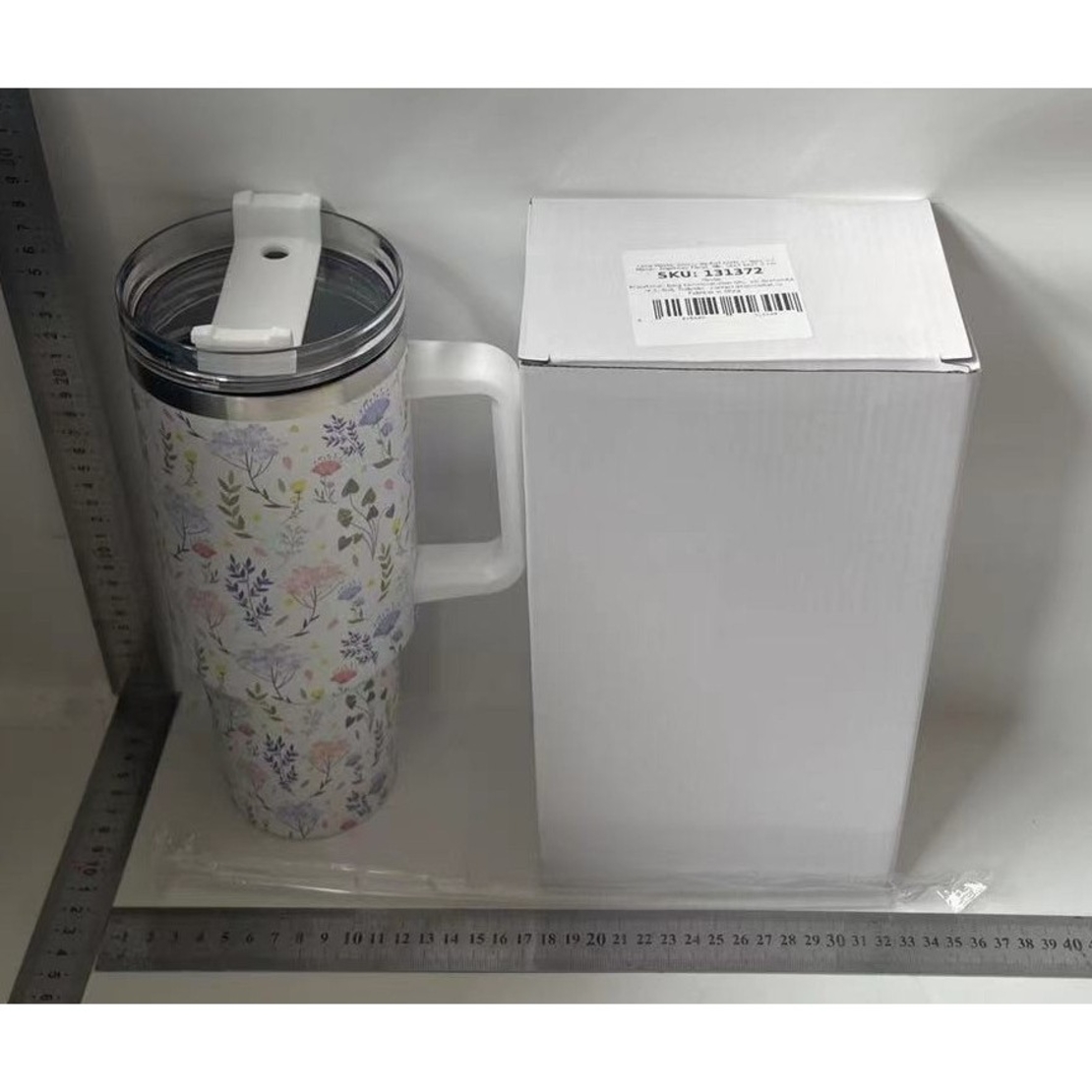 Cana Termos din Plastic, Flippy, pentru Bauturi Calde si Reci, cu Maner, Imprimeu Floral,  Alb, 10x7.6x27.5 cm