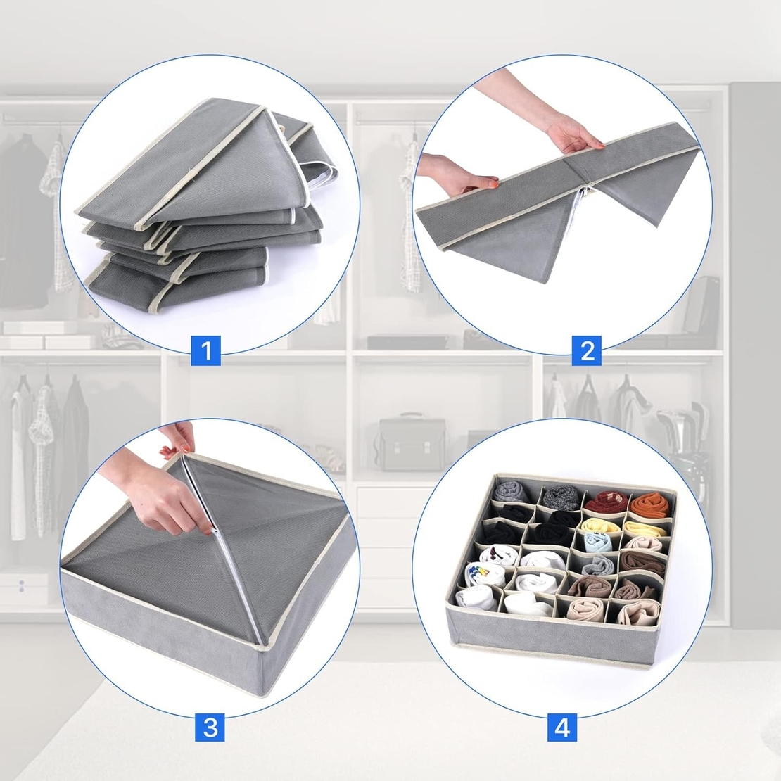 Cutie De Depozitare, Flippy, Pentru Lenjerie, Sosete Si Sutiene, Material Textil, 7 Compartimente, 32 x 32 x 10 cm, Culoare Gri