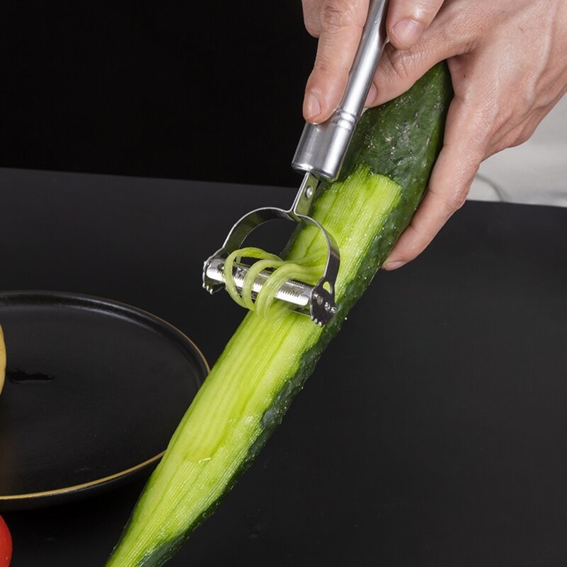 Accesorii de Curatat Decojit Fructe Legume, Flippy, Set 3 Piese, Feliator Cutit Decojitor, Legume si Fructe, din Otel Inoxidabil, cu Maner, Argintiu