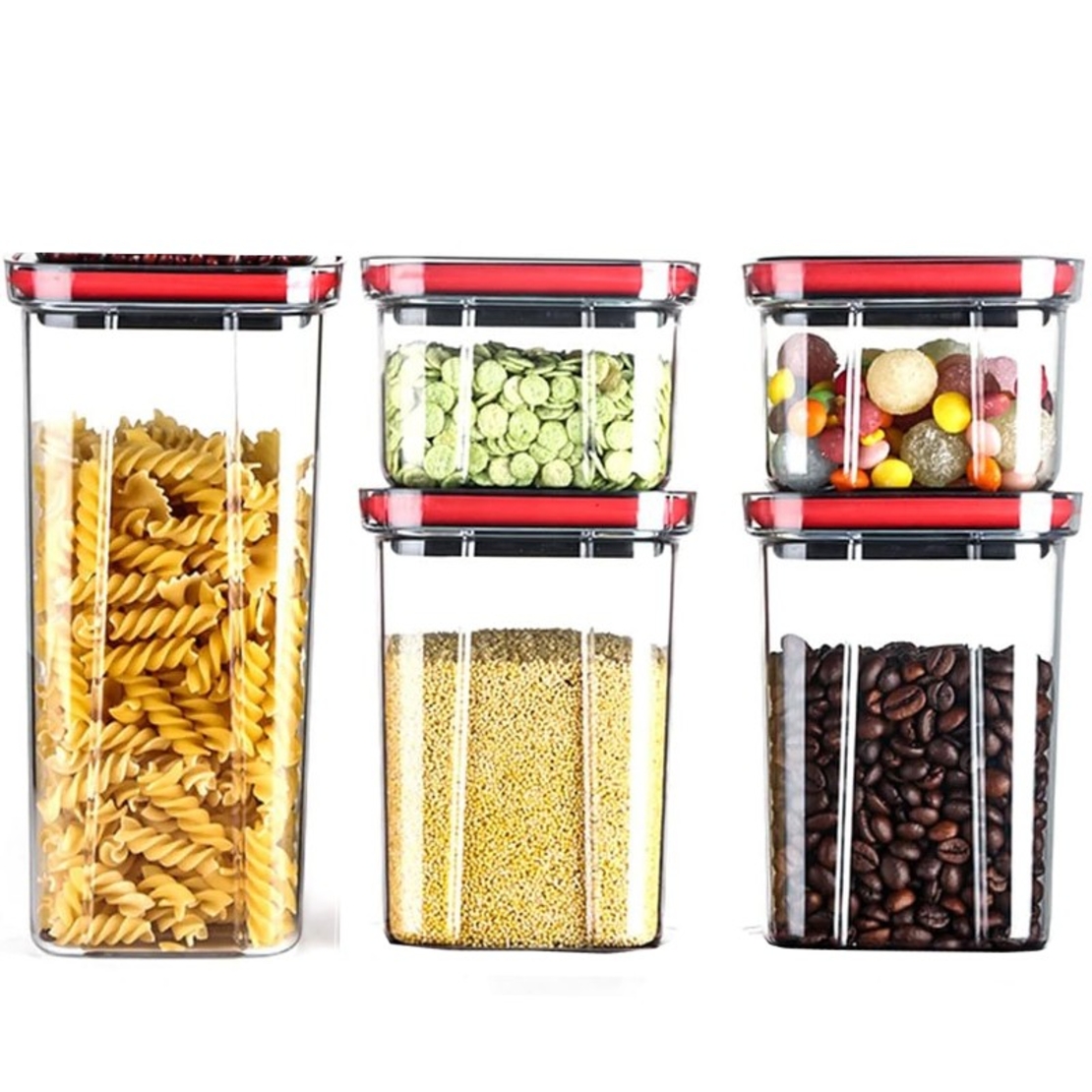 Cutii de Depozitare Alimente, Flippy, Set din 5 Cuti de tip Container, Recipiente pentru Cereale in Bucatarie,  Transparente cu Capac Negru