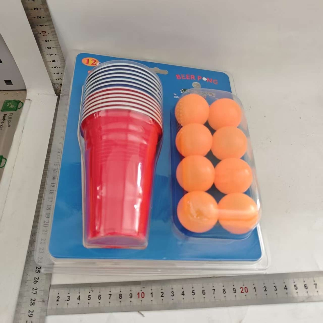 Joc de Baut BEER PONG, Flippy, Set din 12 Mingi de Tenis si 12 Pahare Reutilizabile, Joc Interactiv pentu Adulti, Albastru Rosu