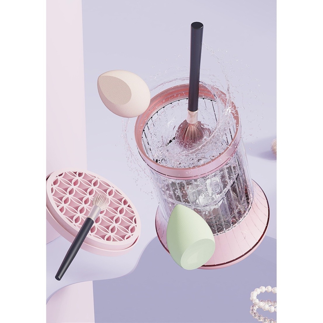 Dispozitiv Portabil de Curatare a Pensulelor de Machiaj, Flippy, pentru Pensule de Diferite Dimensiuni, 5V, 7000RPM, Vibratii Sonice, USB Type C, 9x9x16 cm, Roz