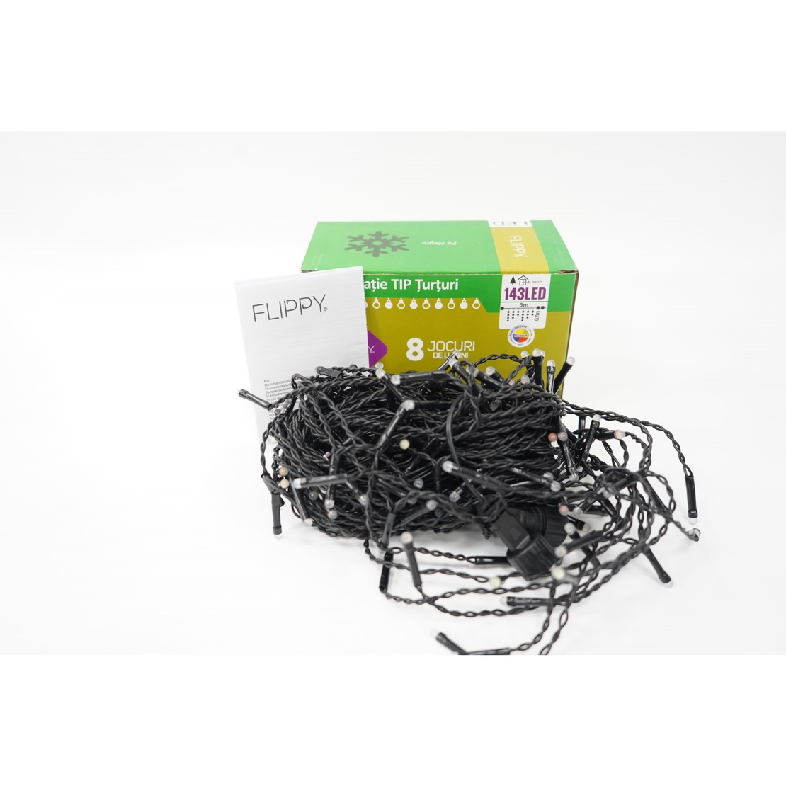 Instalatie de Craciun, Flippy®, Tip Turturi, Sectiune 5 m, 143 LED-uri, 8 Jocuri de Lumini, Fir Negru, Lumina Multicolora, IP44, Interconectabila