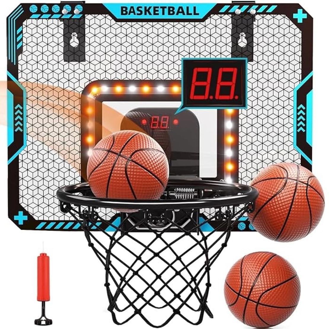 Cos de Baschet pentru Copii, Flippy, cu Tablou de Bord Electronic, Minge, Pompa, 2 Moduri, Interior/Exterior, Inel Metalic si Rabatabil cu Arc, Luminos, 41x31x5 cm, Multicolor