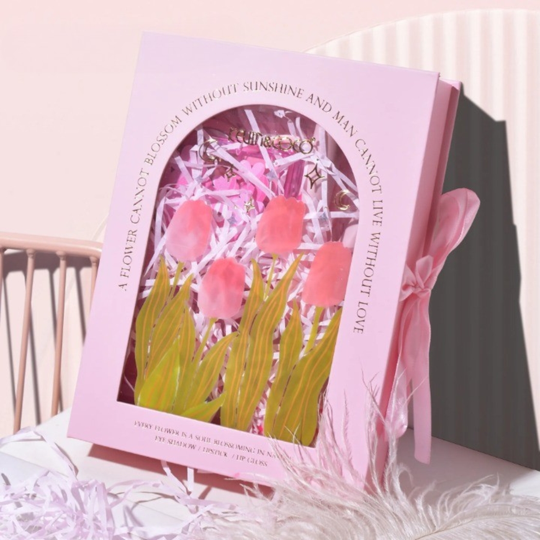 Set de Machiaj, KEVIN & COCO, 22 Culori, Model Lalele, 2 Palete de Farduri, 2 Lip Gloss-uri, 2 Lip Stick-uri, 1 Oglinda Inimioara, 15.7 x 21 x 4 cm, Multicolor