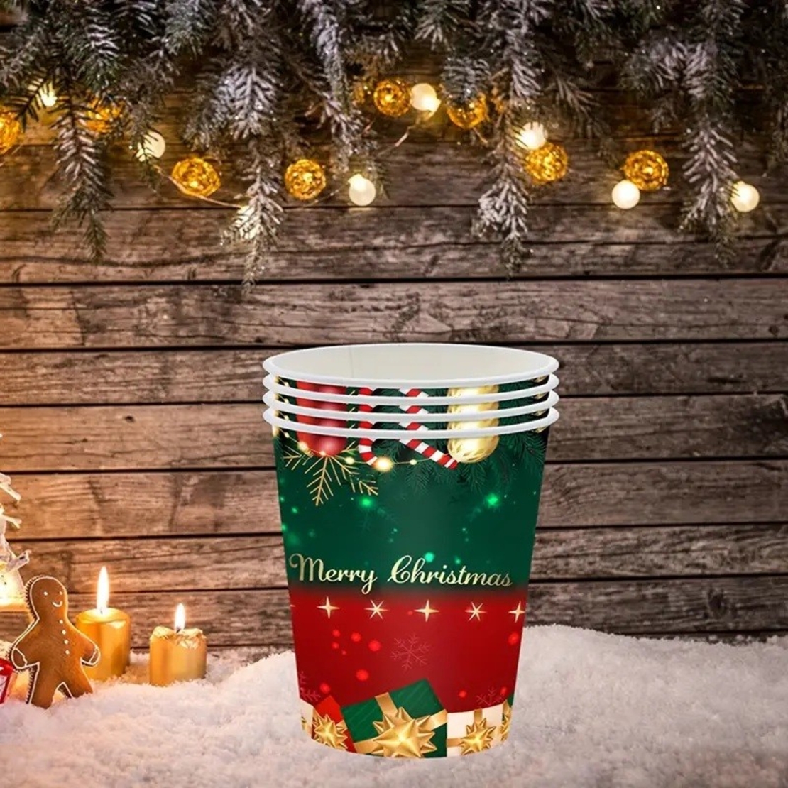 Set 16 Pahare de Unica Folosinta, Flippy, Model Merry Christmas, Tematica de Craciun, 9.14 cm, Rosu Verde