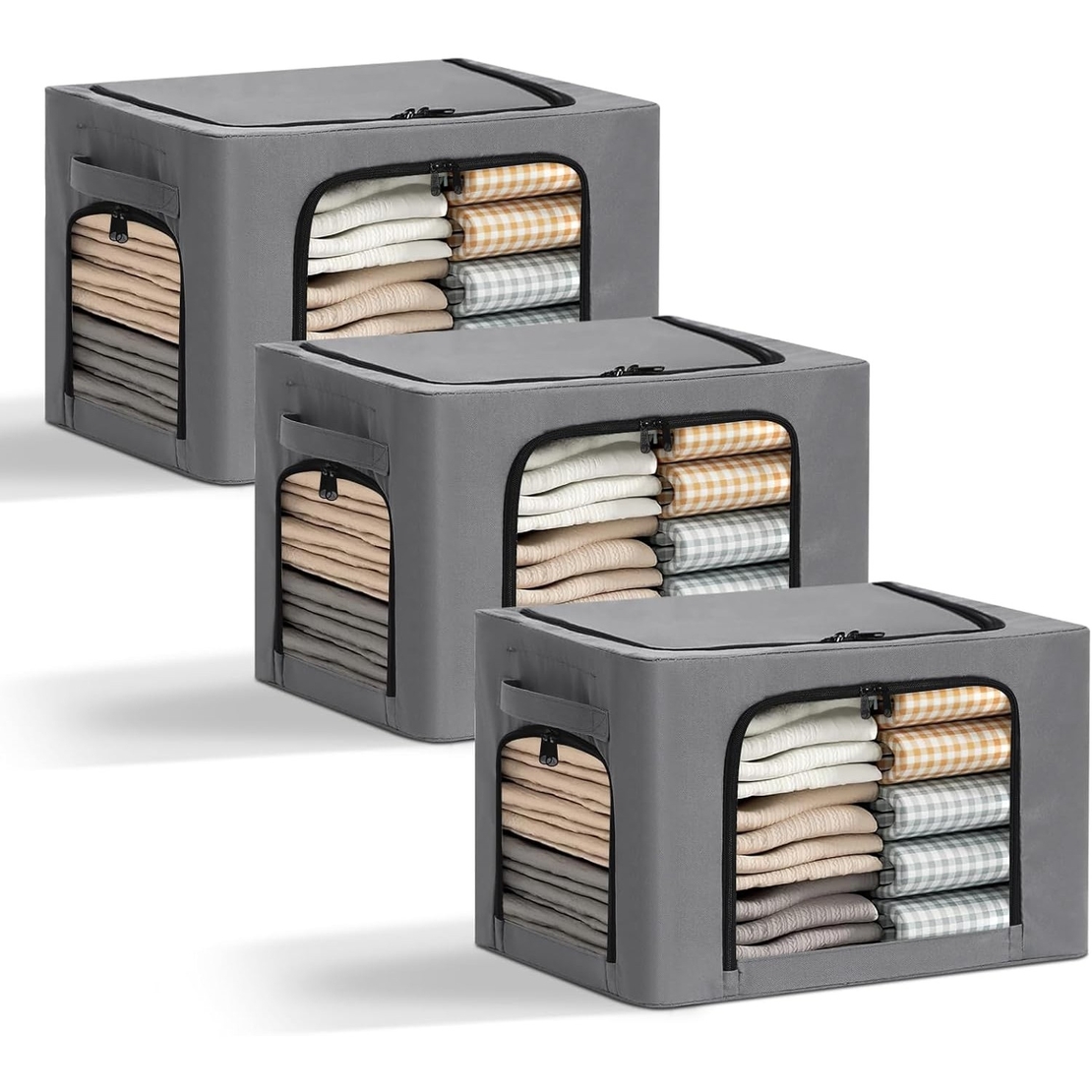 Cutie de Depozitare, Flippy, cu 3 Ferestre cu Fermoar Bidirectional, Cadru din Otel, Impermeabil, 38L, 42 x 30 x 30 cm, Gri Inchis