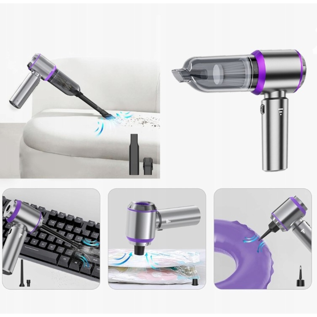 Aspirator Portabil Auto, Flippy, pentru Casa si Masina, 3 Viteze, Incarcator Tip-C cu Incarcare Rapida, Tub Prelungitor, 2000mAh, 7 Capete de Aspirare si Suflare, 21x20x6.5 cm, Argintiu Mov