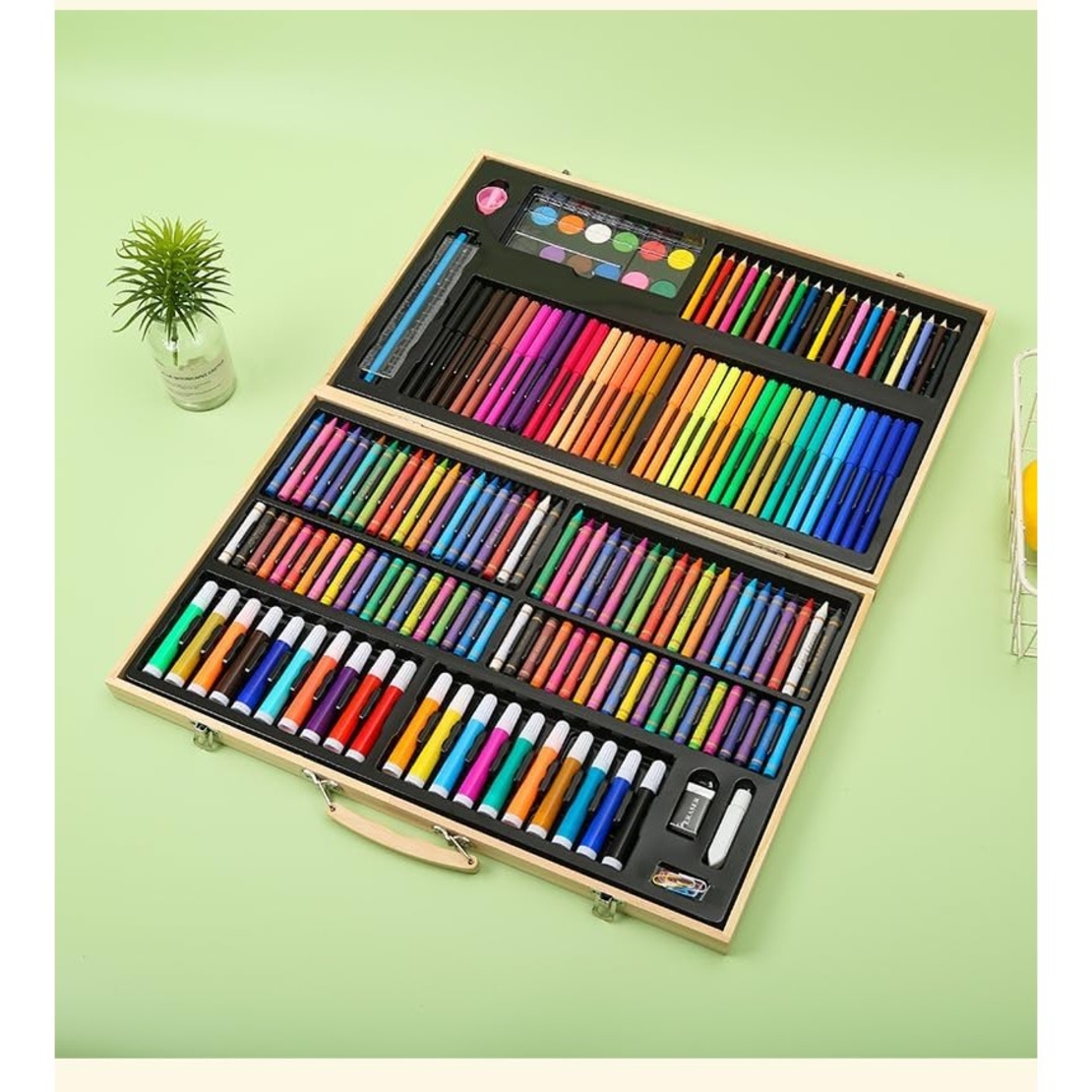 Set 180 Piese pentru Desen si Pictura, Flippy, Tip Servieta din Lemn, Model Natur, 46 x 30.9 x 4.1 cm, Multicolor