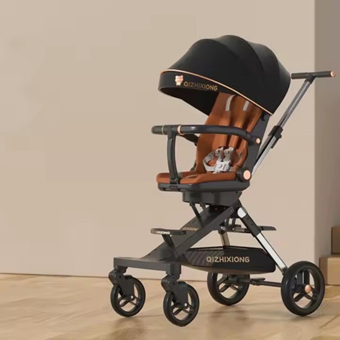 Carucior Sport Flippy 3in1, 6-36 Luni, Pliabil, Tavita pentru Masa, Pat de Dormit, Centura de Siguranta, Roti 360 Grade, Reversibil, Parasolar, Maner Reglabil, 64 x 35 x 100 cm, Negru