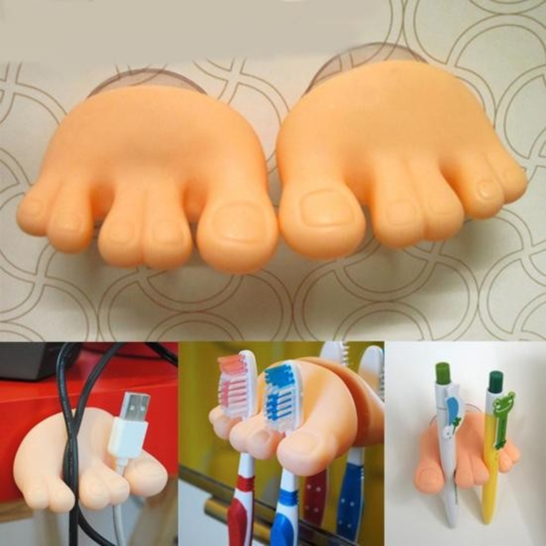 Suport de Baie, Flippy, Multifunctional, pentru Periute/Cabluri, din PVC, cu Ventuza, Model Picior, 4 x 6.5 cm, Crem