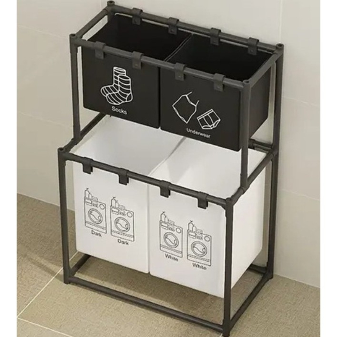Cos de Rufe, Flippy, cu 2 Etaje, 4 Cosuri, Cadru de Otel Inoxidabil, 97x44x57 cm, Negru