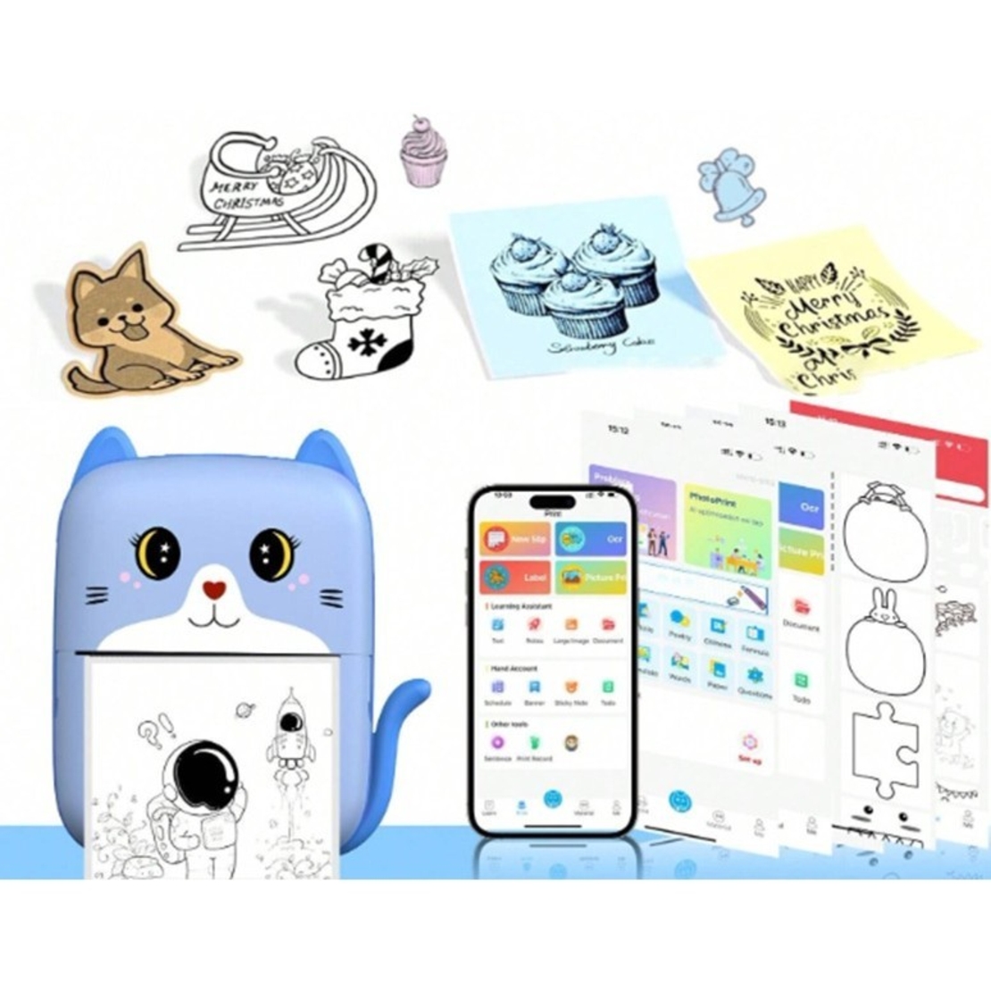 Mini Imprimanta Foto Portabila, Flippy, Incarcare USB, Bluetooth, Model Pisicuta, Print Alb-Negru, Albastru