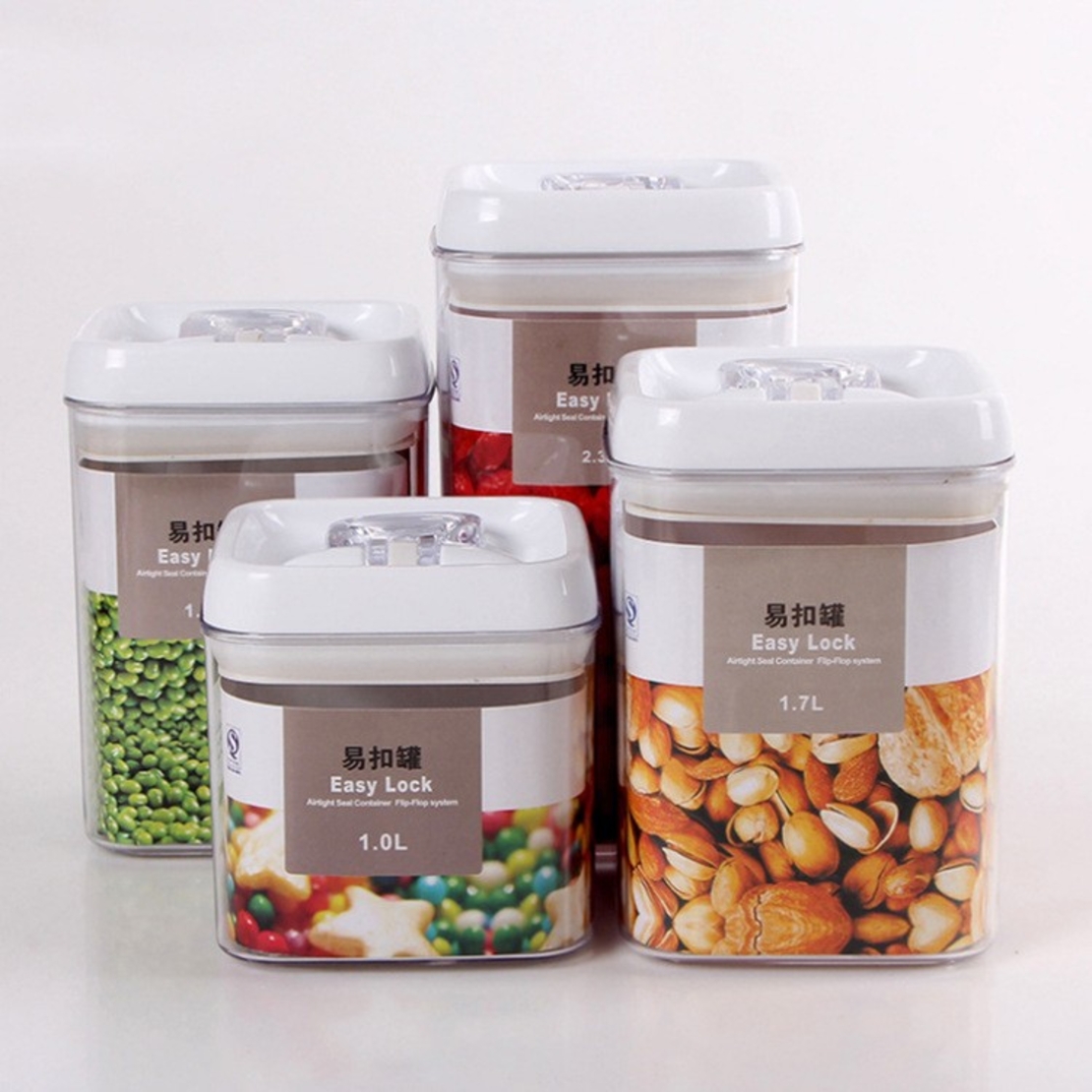 Cuutii de Depozitare Alimente, Flippy, Set din 4 Cutii pentru Condimente in Bucatarie, Cutii de tip Container, Diferite Dimensiuni, cu Capac Ermetic, din Plastic PP, Transparent