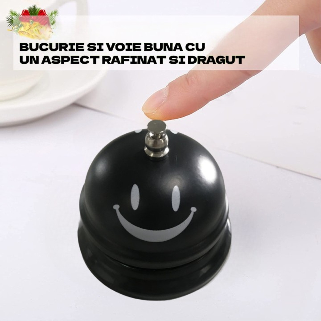Clopotel Metalic Multifunctional, Flippy, Negru cu Imprimeu Smiley Face, 7.5x7.5x6.5 cm, Receptie, Restaurant, Cafenele
