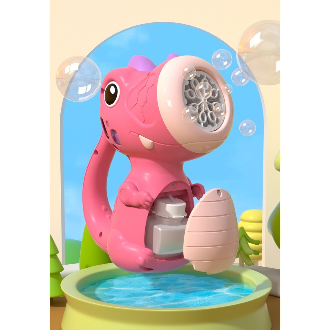 Jucarie Interactiva pentru Baloane de Sapun, Flippy, Sunete si Lumini, Model Dinozaur, cu 8 Orificii, 15 x 8.5 x 18.5, Roz