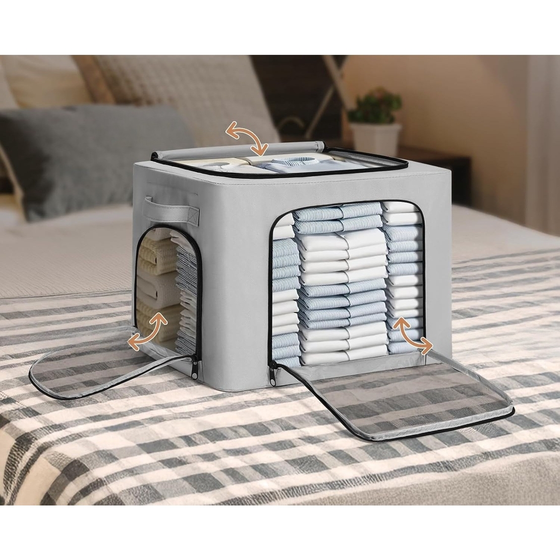 Cutie de Depozitare, Flippy, cu 3 Ferestre cu Fermoar Bidirectional, Cadru din Otel, Impermeabil, 38L, 42 x 30 x 30 cm, Gri
