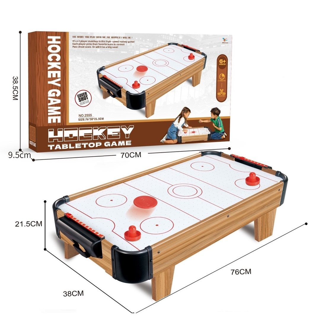 Masa Air Hockey Graffiti cu Picioare Scurte, Flippy, Lemn, 2 Pucuri, Tabela Scor, 2 Impingatoare, 76x38x21.5 cm, Maro