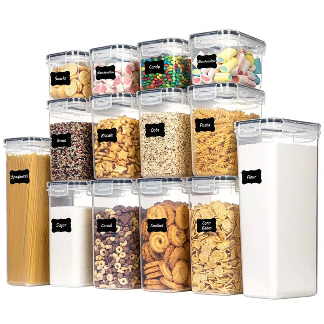 Cutii de depozitare alimente, Flippy, Set din 14 Cutii pentru Condimente, Cereale, Cutii pentru Bucatarie, din Plastic PP, Cutii Alimentare, Diferite Dimensiuni, Transparente